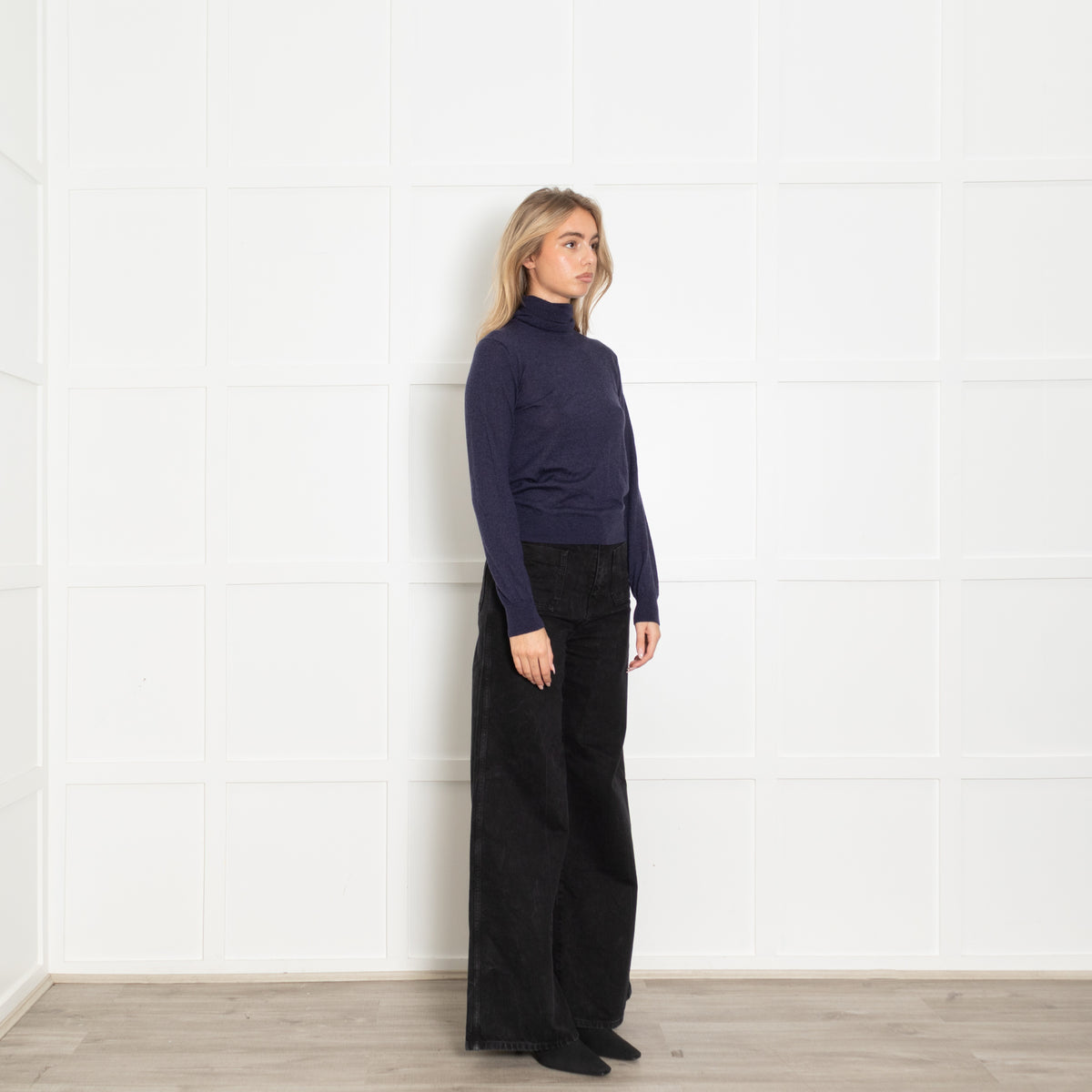 Loro Piano Navy Fine Knit Polo Neck Sweater
