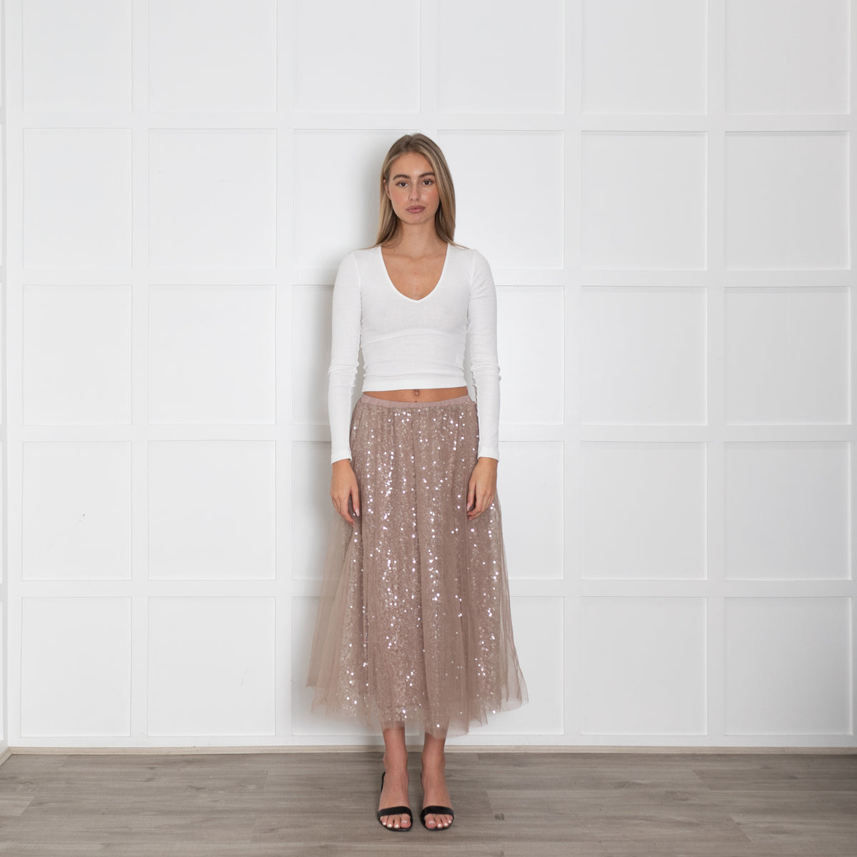 Wyse Nude  Sequin Skirt With Tulle Overlay