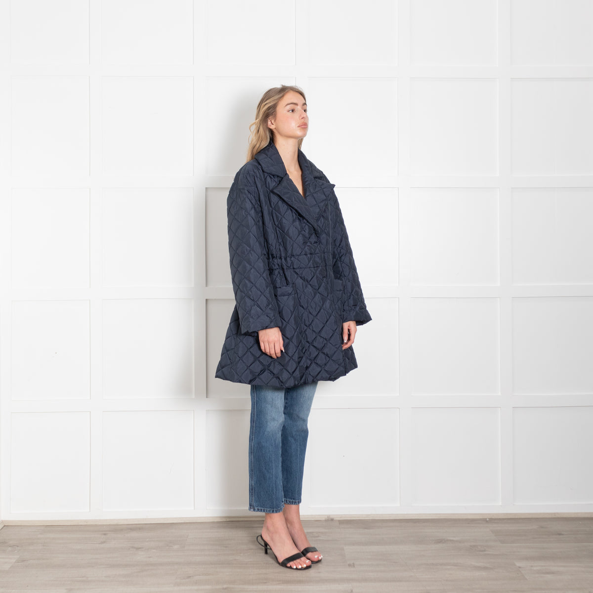 Ganni Navy Quilted Cinch Waist Coat