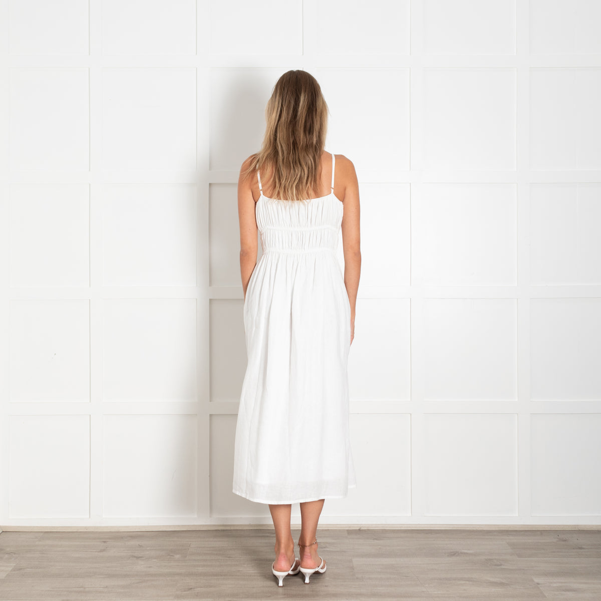 Faithfull The Brand White Linen Ruched Top Strappy Dress