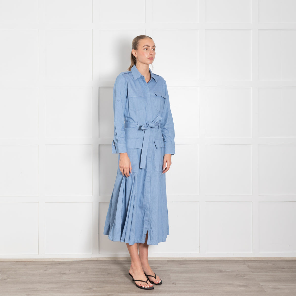 Gabriela Hearst Blue Pleated Belted Shirt Dress
