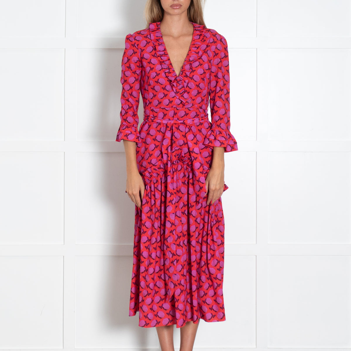 Borgo De Nor Purple Rose With Red Background Frill Front Dress