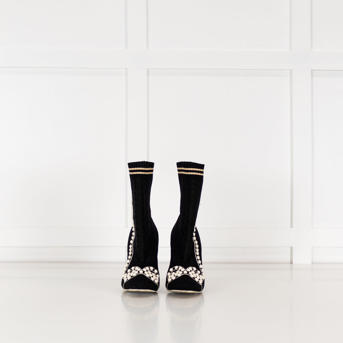 Fendi Black Cream Pearl Fabric Stripe Heeled Ankle Boots