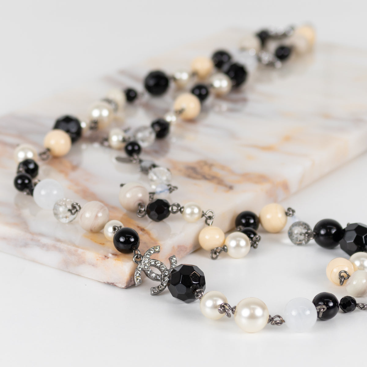 Chanel Cream Faux Pearl Black Bead Diamante CC Long Necklace