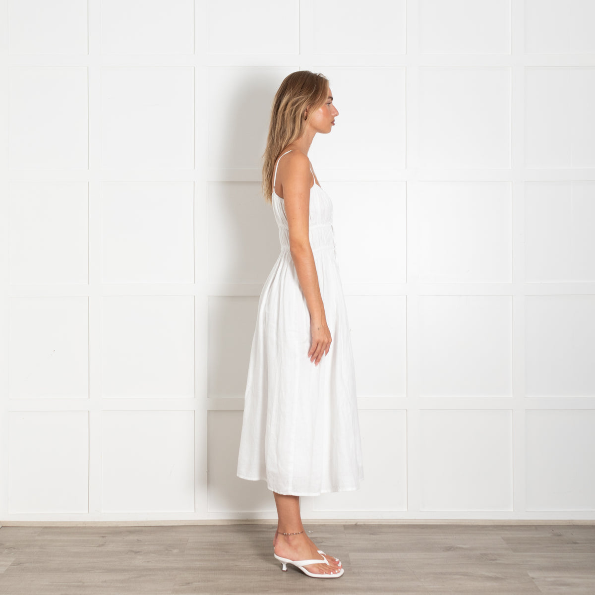 Faithfull The Brand White Linen Ruched Top Strappy Dress