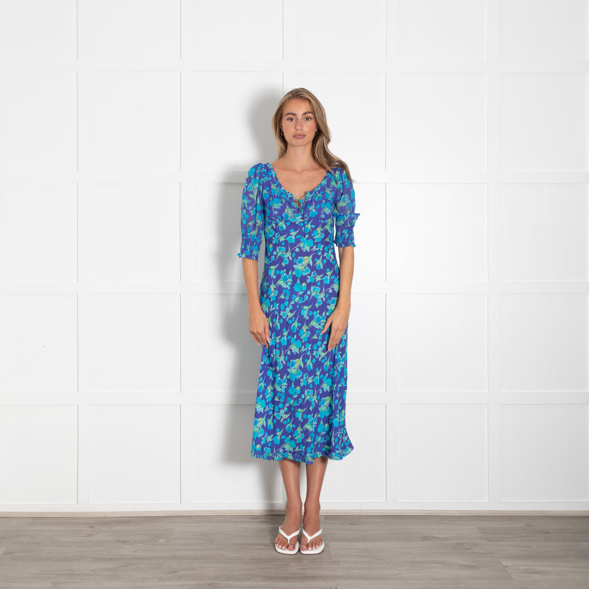 Rixo Purple Green Blue Floral Midi Dress