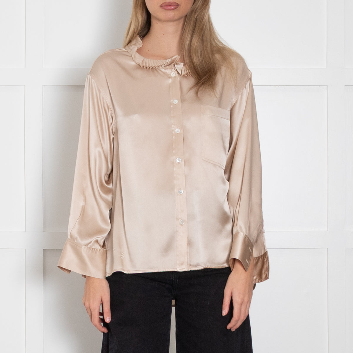 Wyse Gold Silk Satin Pleated Neck Blouse