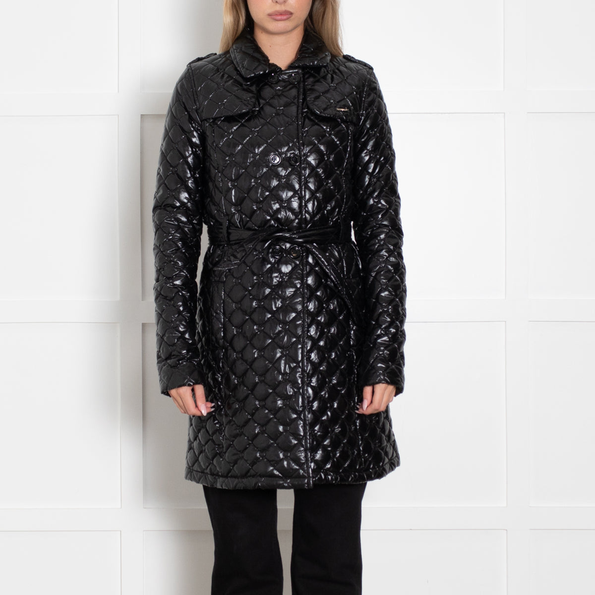Twin-Set Simona Barbieri Black Shiny Belted A Line Puffa Coat