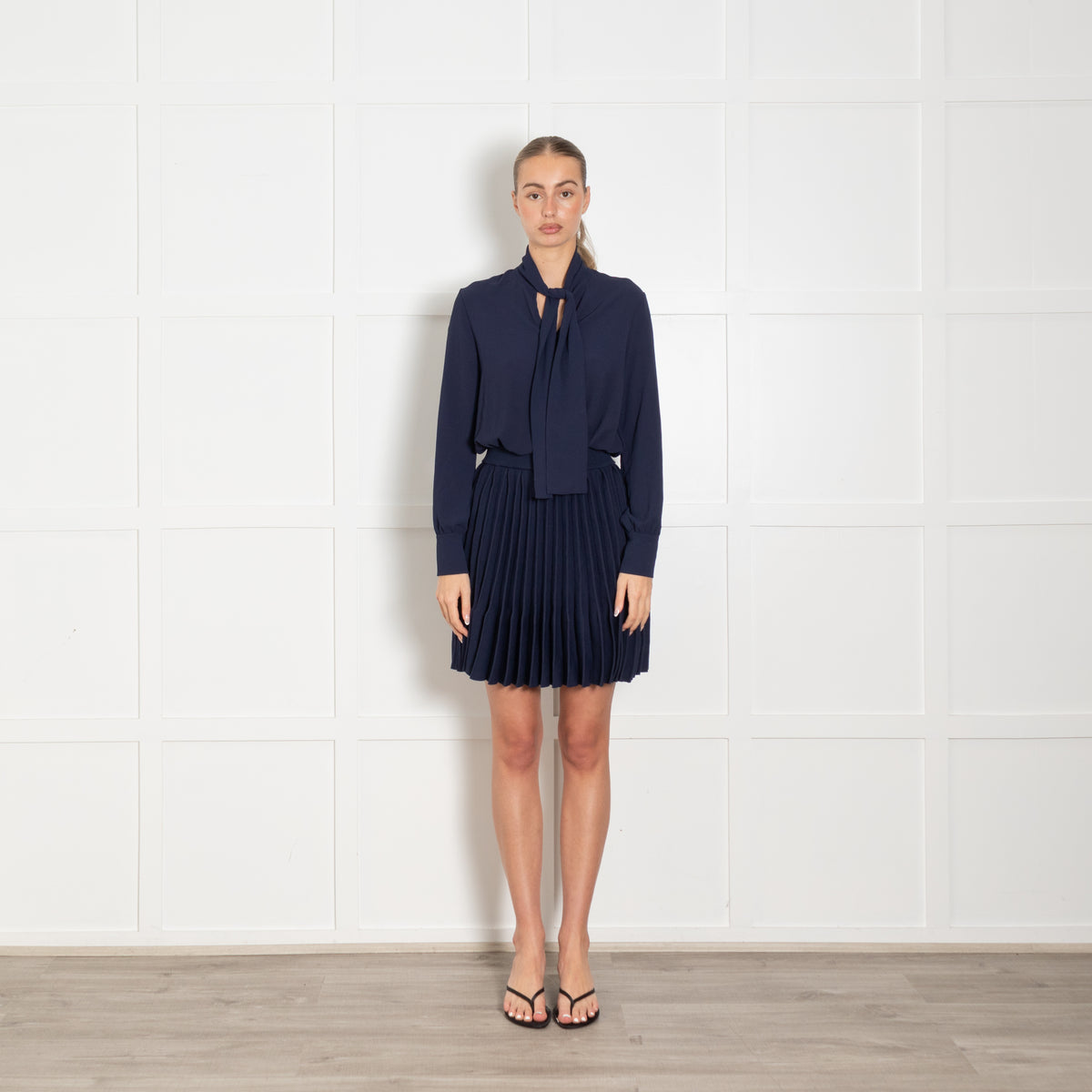 Maje Blue Pleated Bottom Neck Tie Short Dress