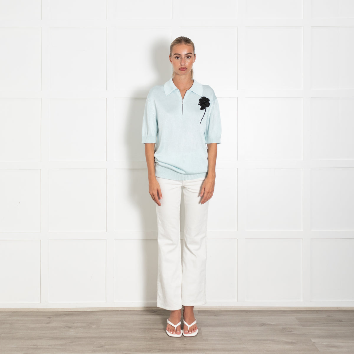 Jil Sander Pale Blue Black Embroidered Flower Short Sleeve Top
