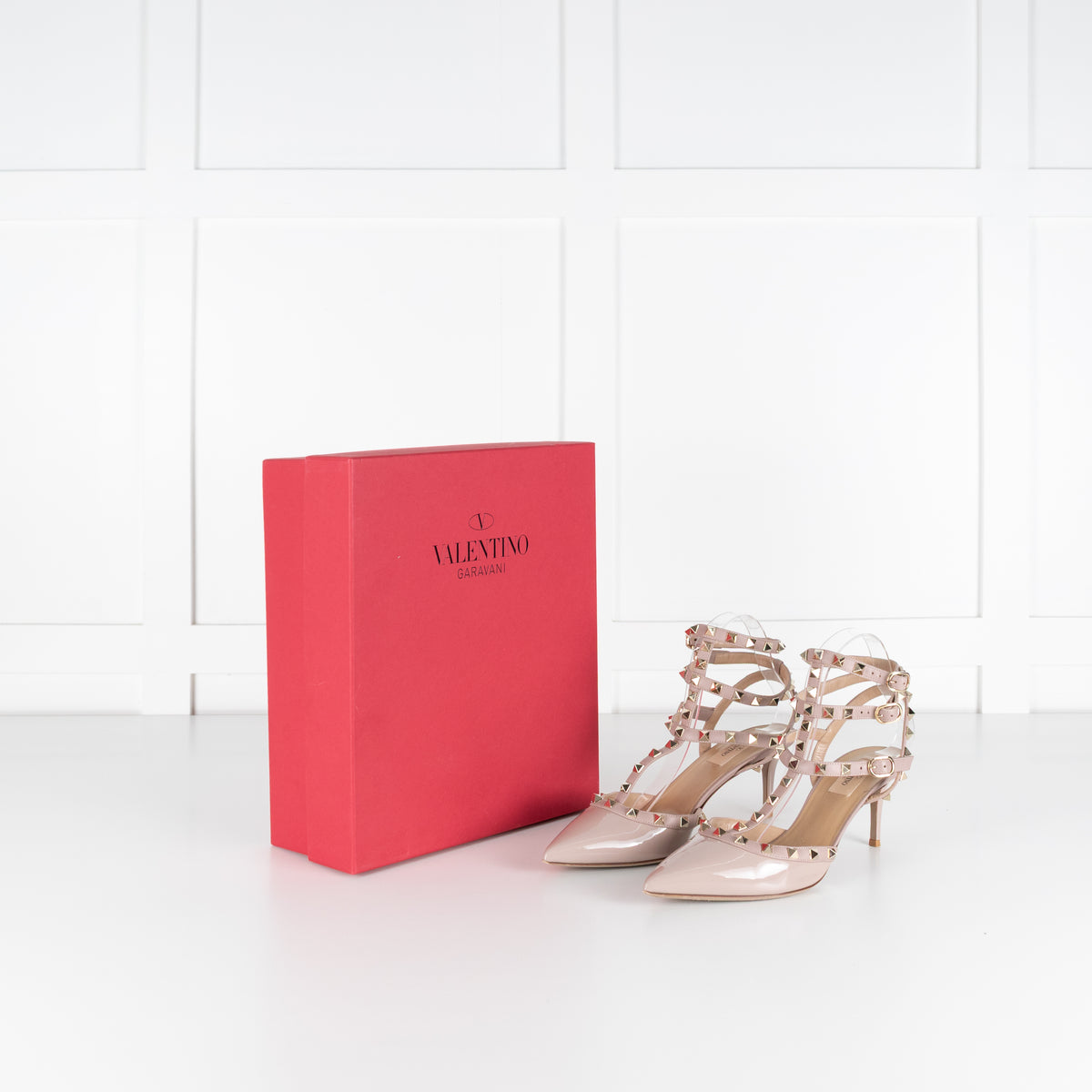 Valentino Garavani Nude Patent Rockstud Ankle Strap Shoes
