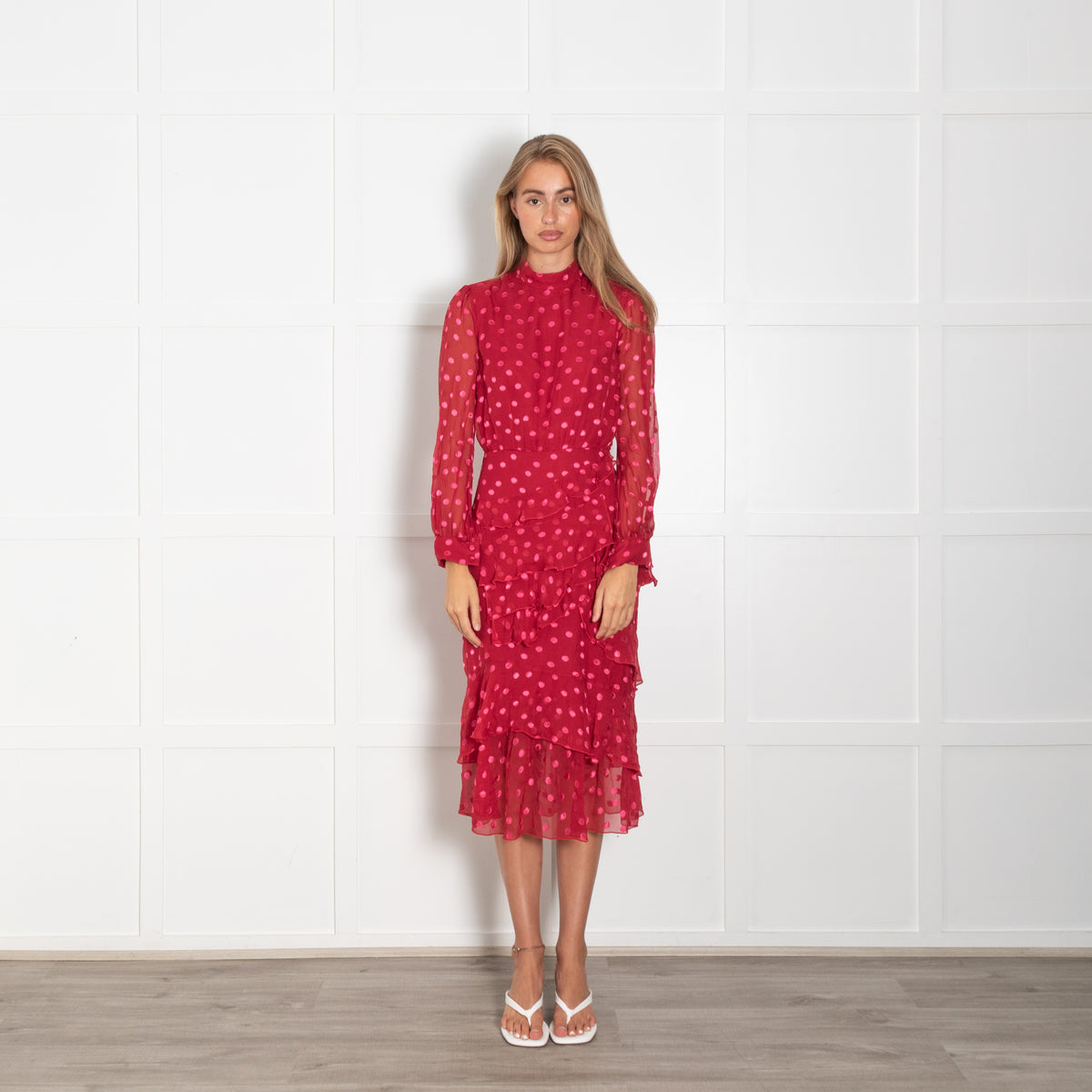 Saloni Red Pink Dot Print Frill High Neck Dress