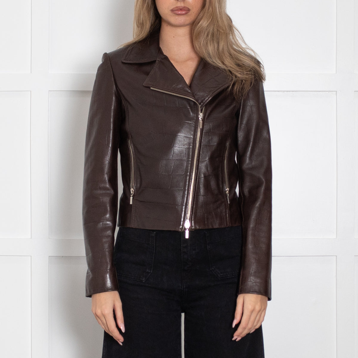 Joseph Brown Moc Croc Leather Biker Jacket