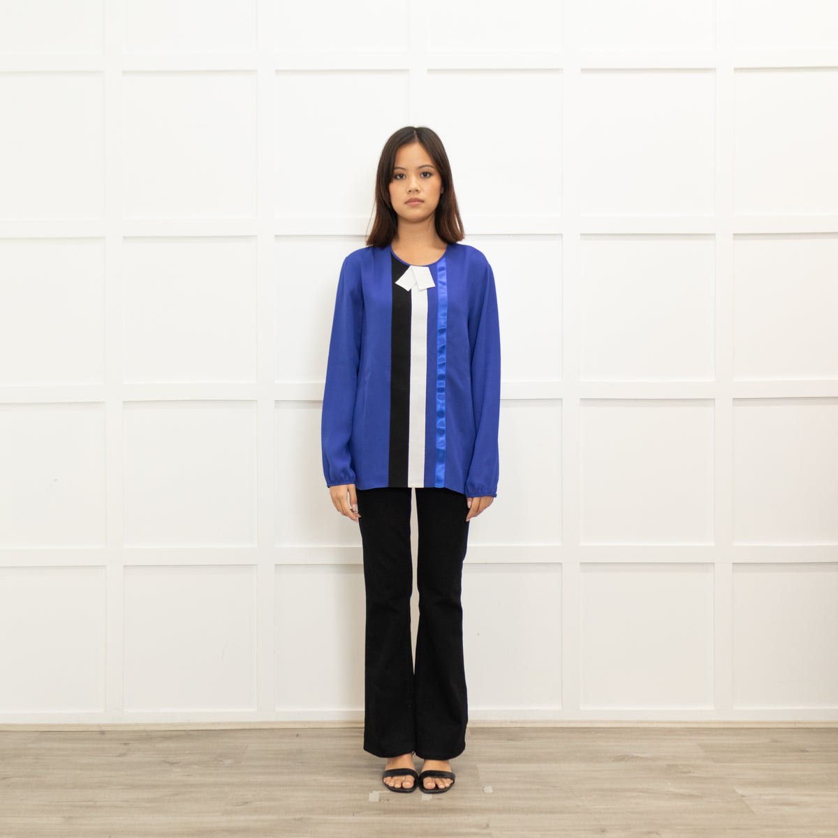 Longchamp Bright Blue Silk Blouse with Grosgrain Bib Stripe