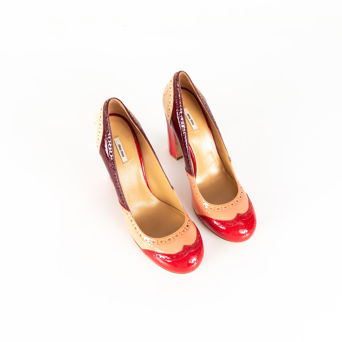 Miu Miu Pink Red Beige Painted Leather Heeled Shoes
