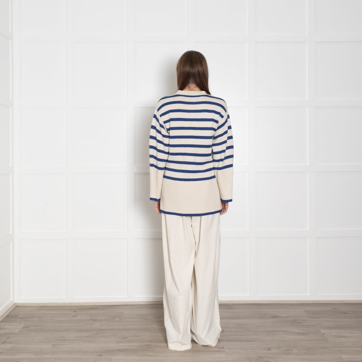 Toteme Blue and Cream Stripe Wool/ Cotton Mix Cardigan