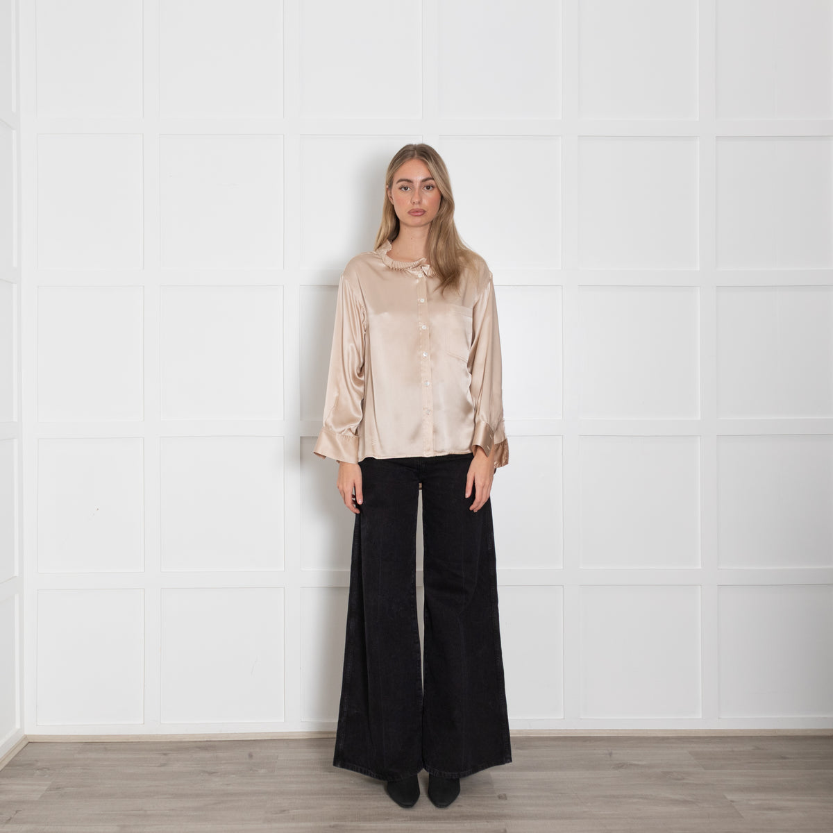 Wyse Gold Silk Satin Pleated Neck Blouse