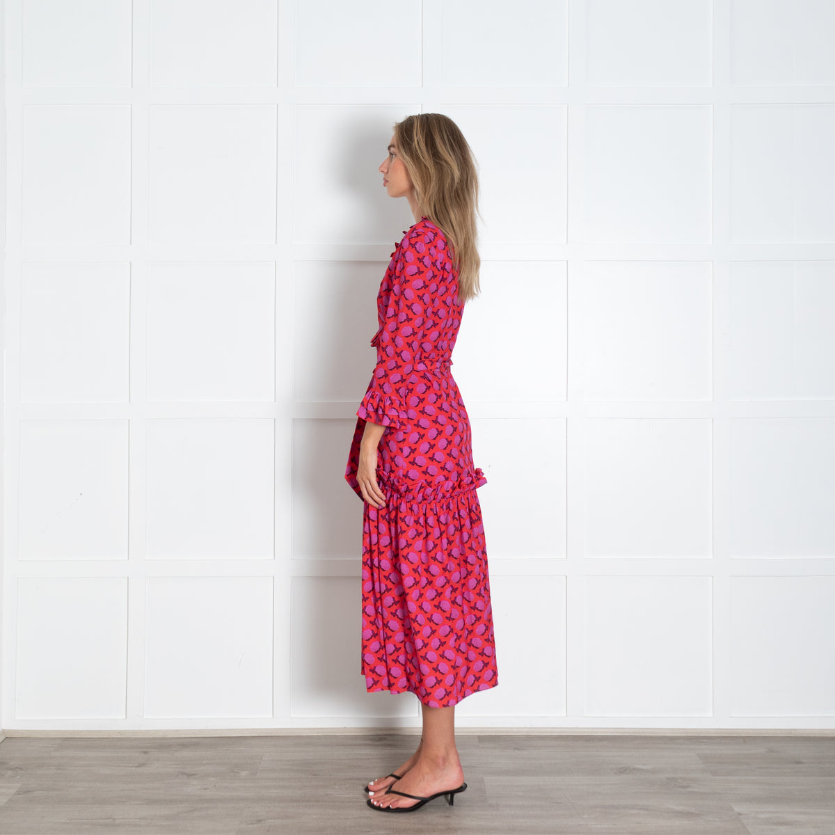 Borgo De Nor Purple Rose With Red Background Frill Front Dress