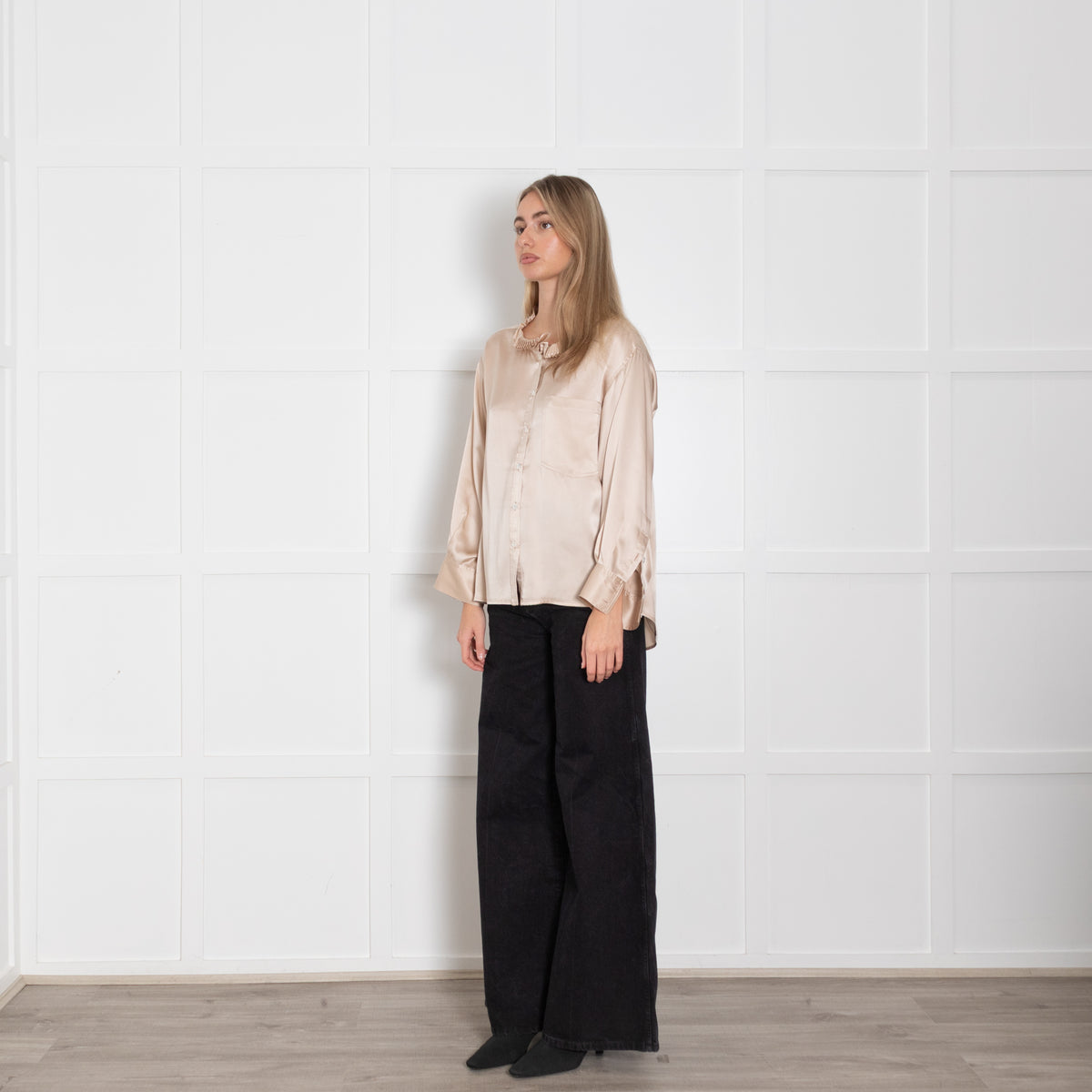 Wyse Gold Silk Satin Pleated Neck Blouse