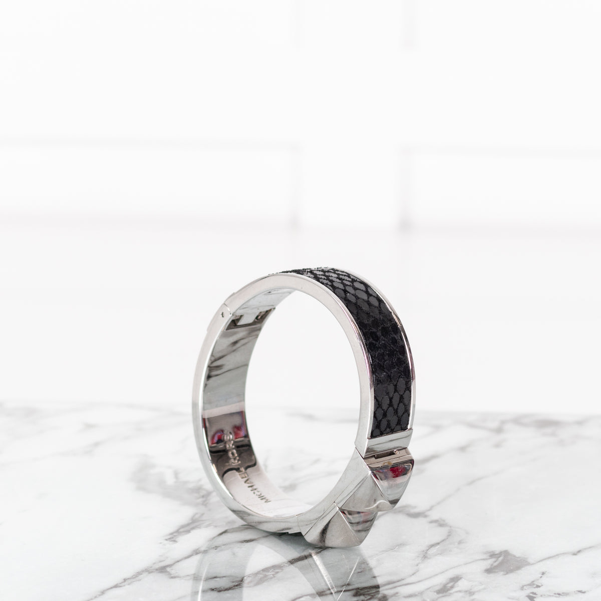 Michael Kors Silver Tone & Black Python Embossed Pyramid Stud Bangle Bracelet