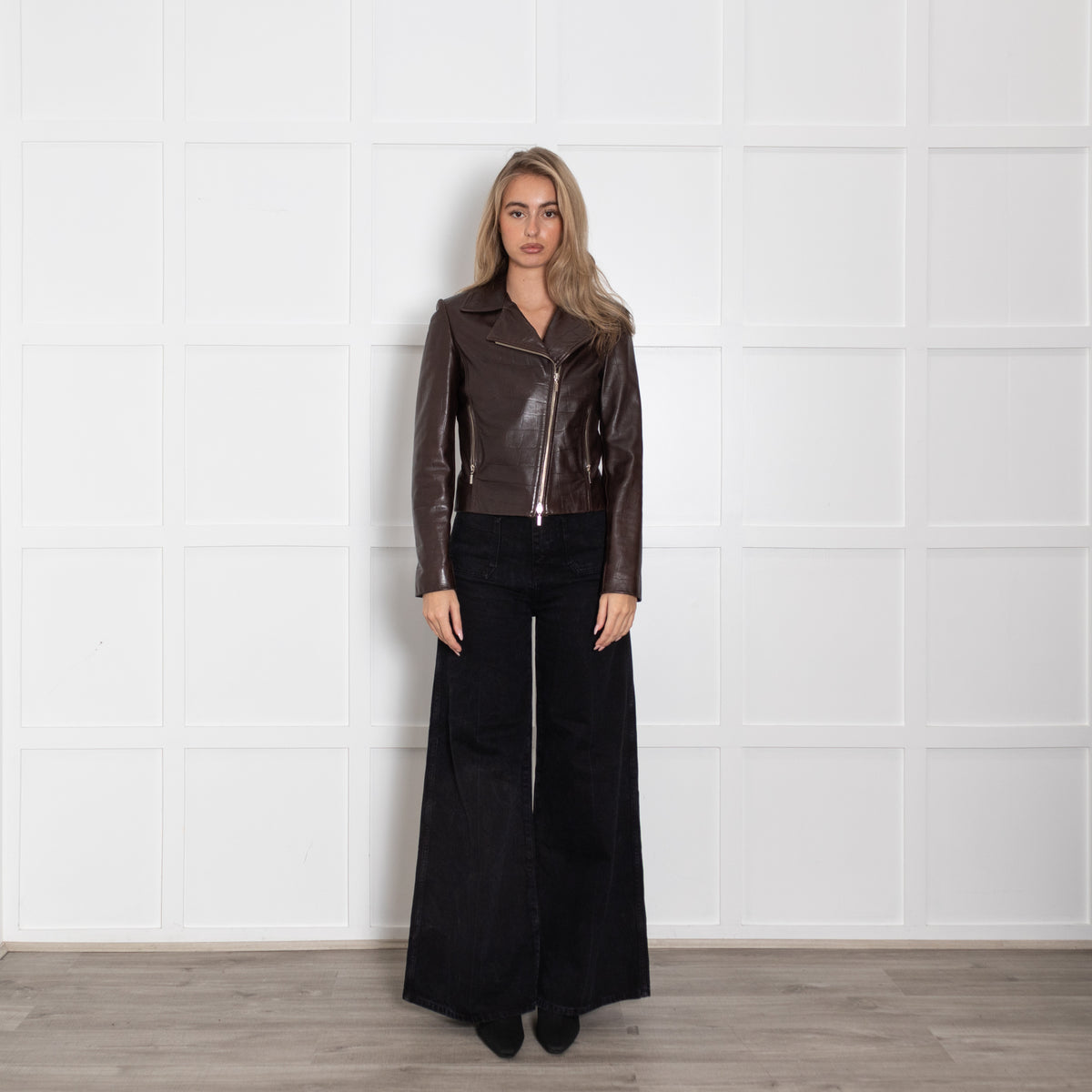 Joseph Brown Moc Croc Leather Biker Jacket