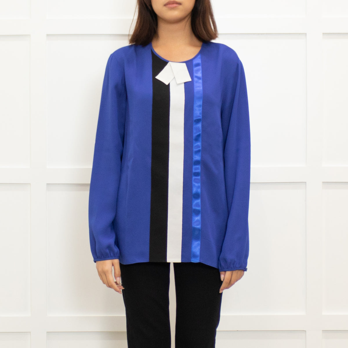 Longchamp Bright Blue Silk Blouse with Grosgrain Bib Stripe