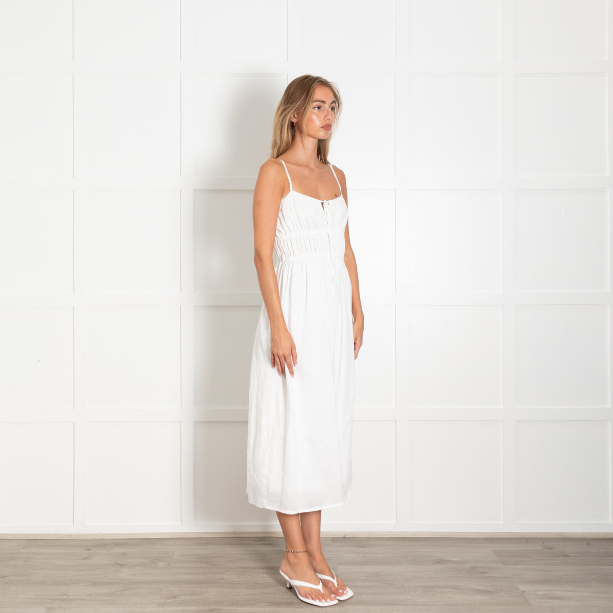 Faithfull The Brand White Linen Ruched Top Strappy Dress