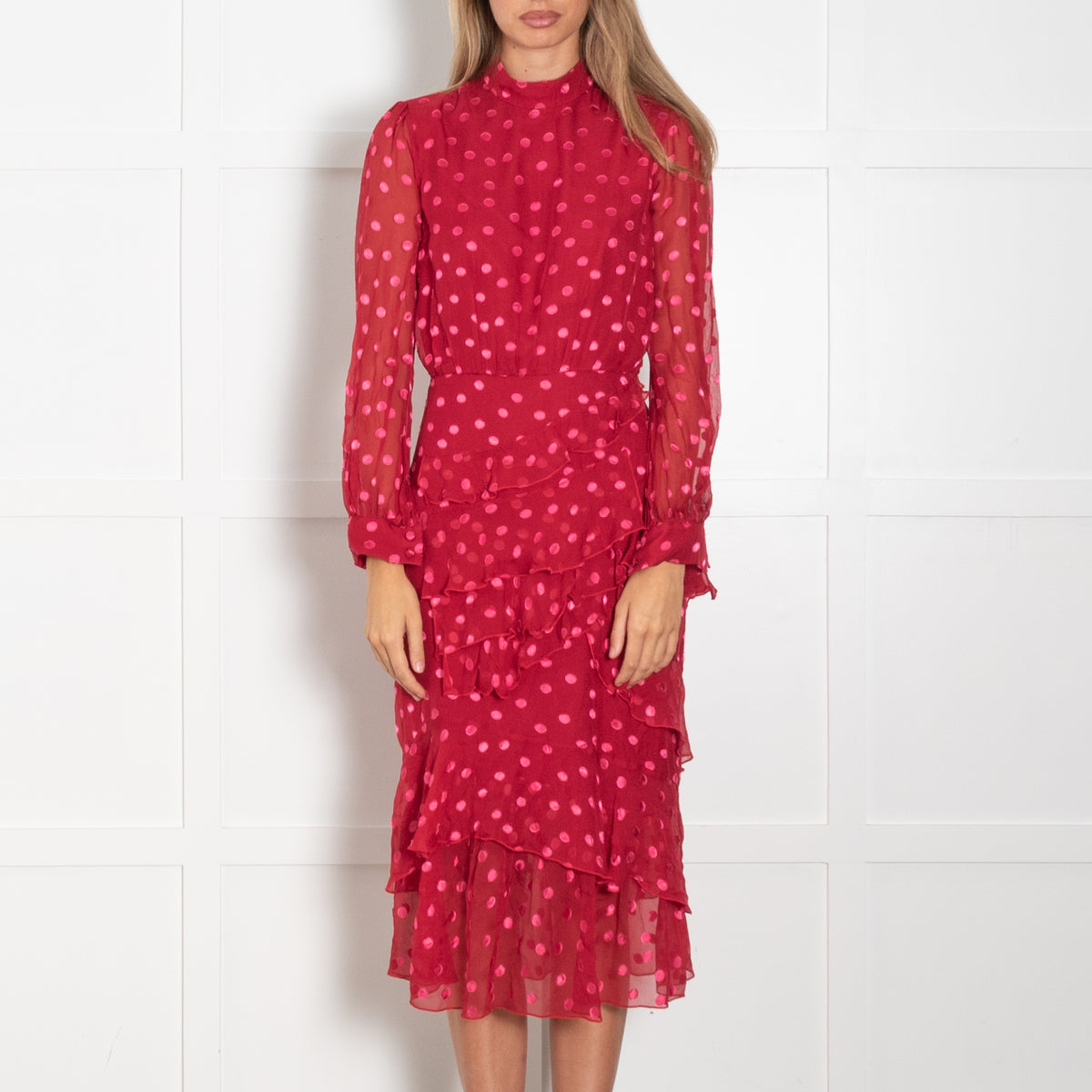 Saloni Red Pink Dot Print Frill High Neck Dress