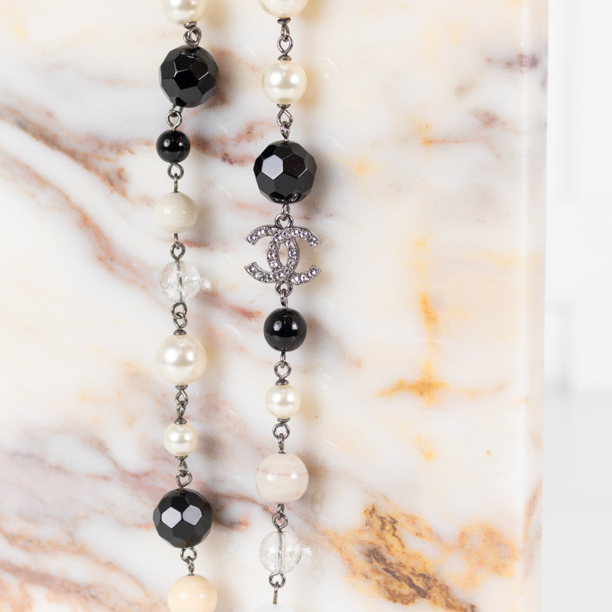 Chanel Cream Faux Pearl Black Bead Diamante CC Long Necklace