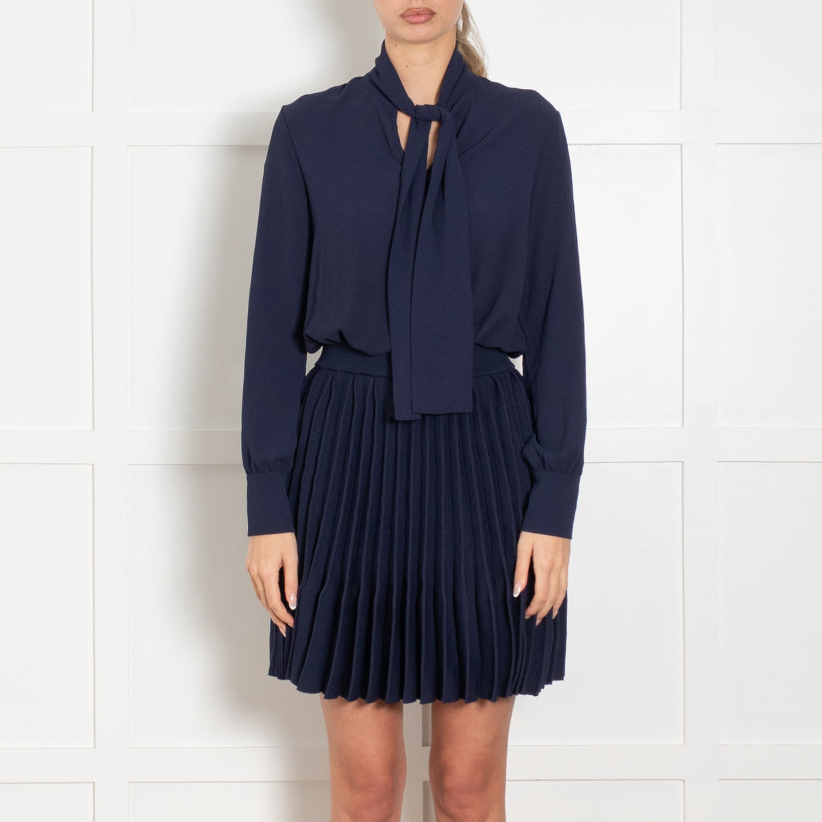 Maje Blue Pleated Bottom Neck Tie Short Dress