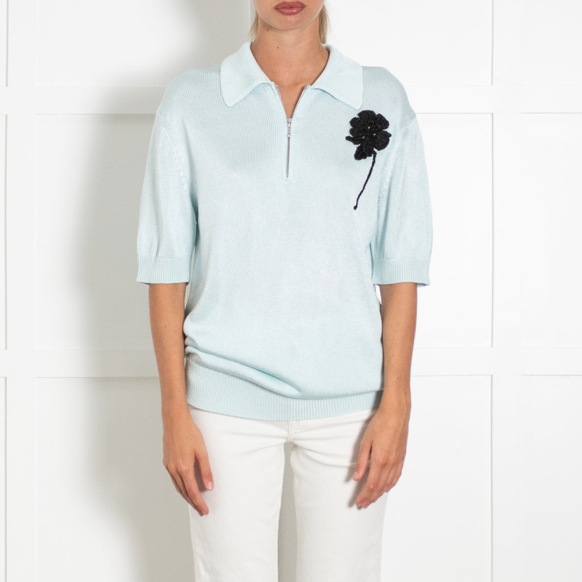 Jil Sander Pale Blue Black Embroidered Flower Short Sleeve Top