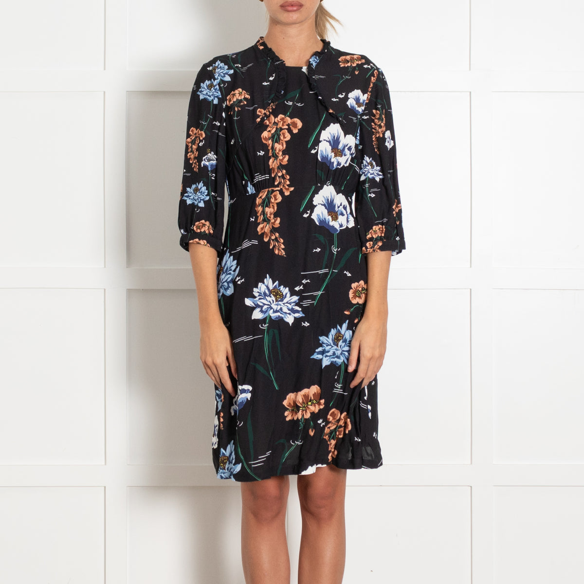 Markus Lupfer Black Floral Longsleeve Midi Dress