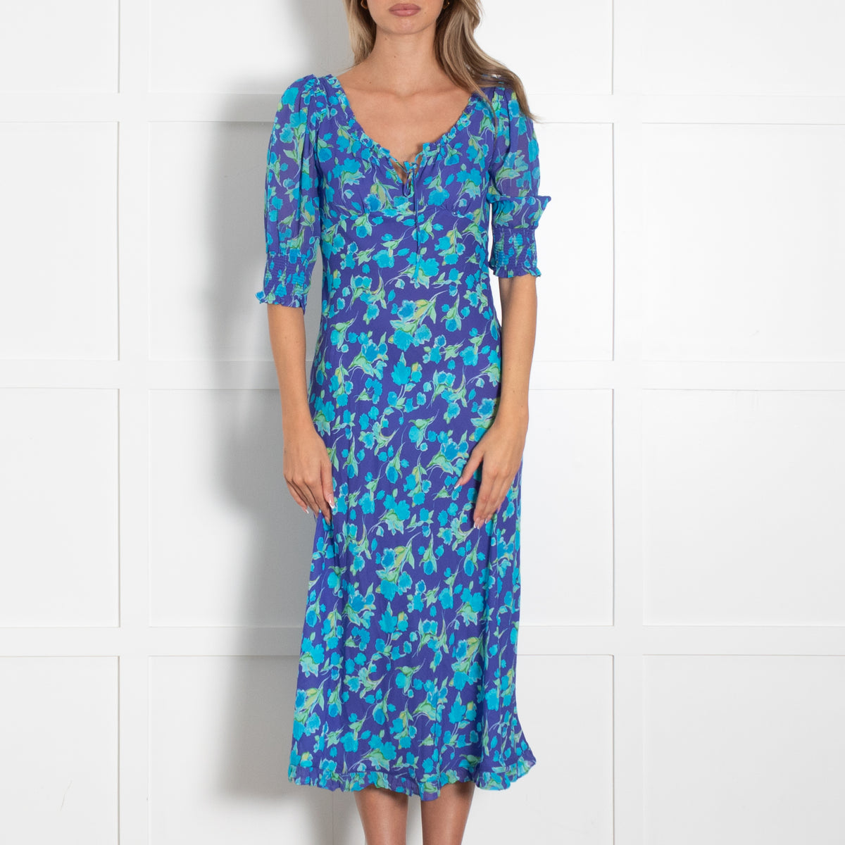 Rixo Purple Green Blue Floral Midi Dress
