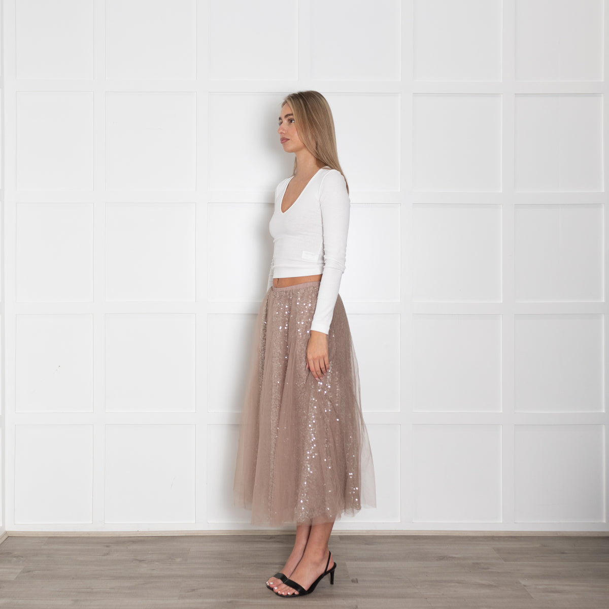 Wyse Nude  Sequin Skirt With Tulle Overlay