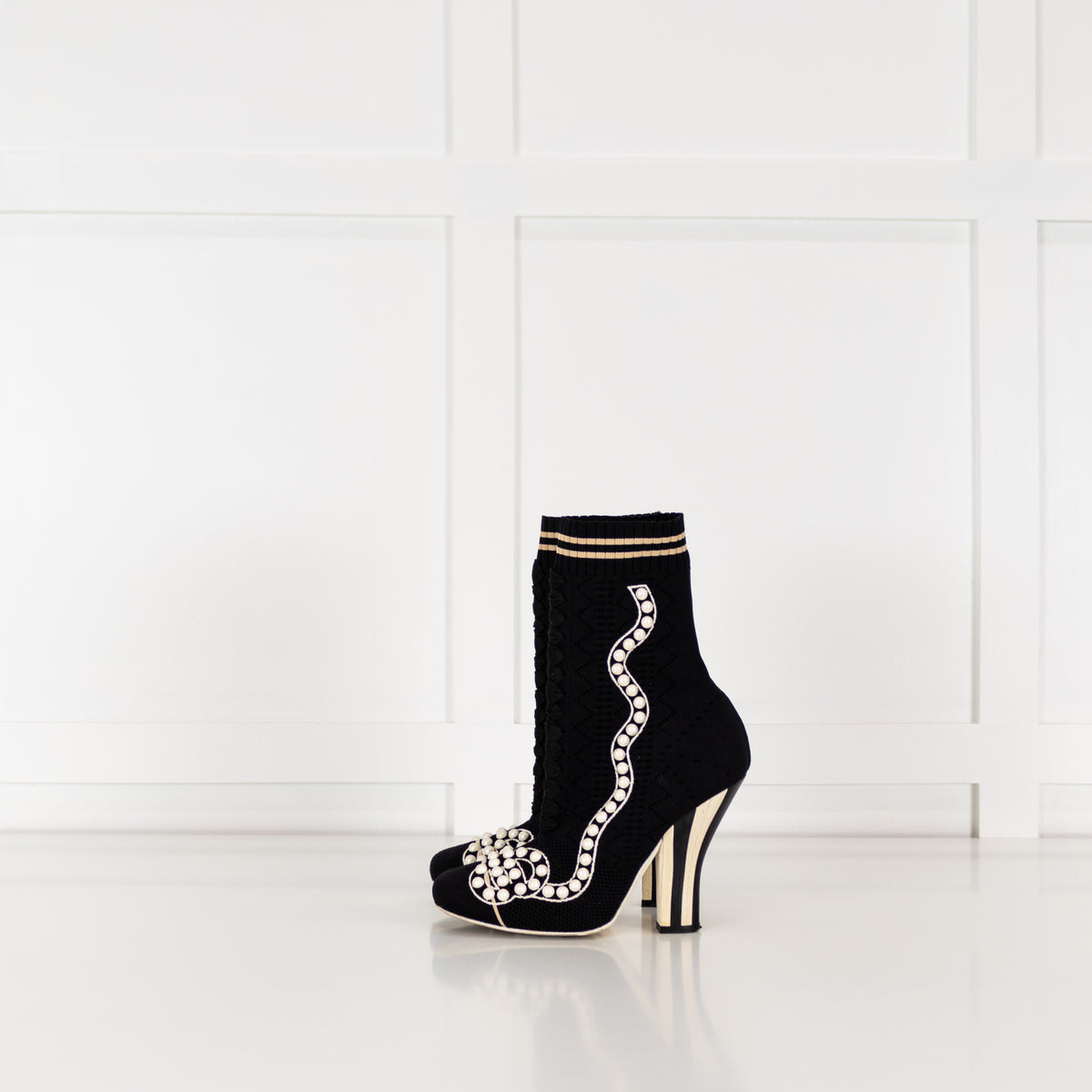 Fendi Black Cream Pearl Fabric Stripe Heeled Ankle Boots