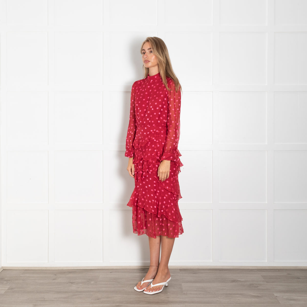 Saloni Red Pink Dot Print Frill High Neck Dress