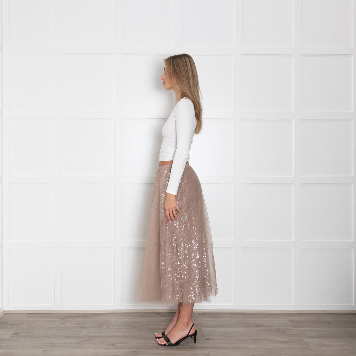 Wyse Nude  Sequin Skirt With Tulle Overlay