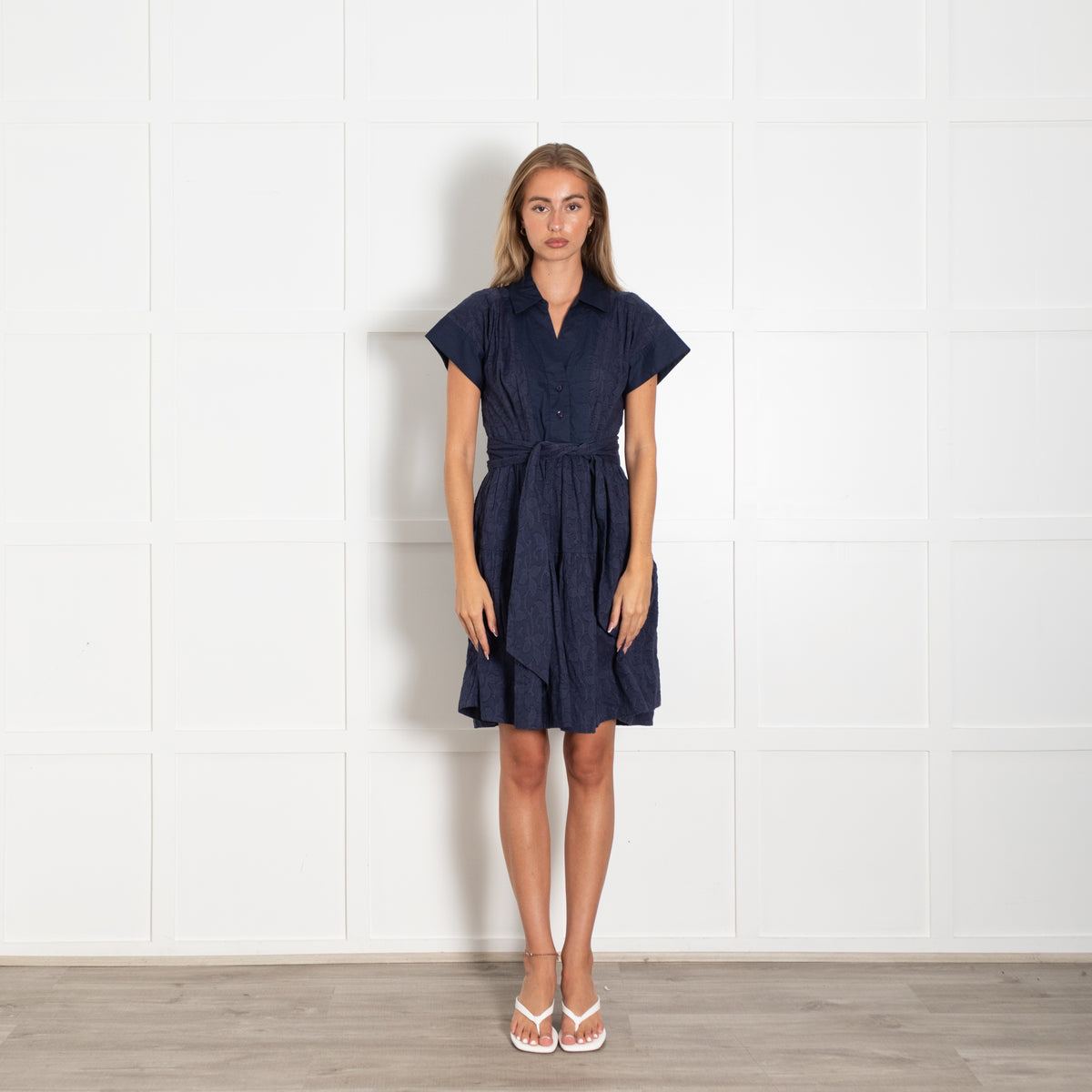 Me+Em Navy Collared Short Dress With Tie Belt