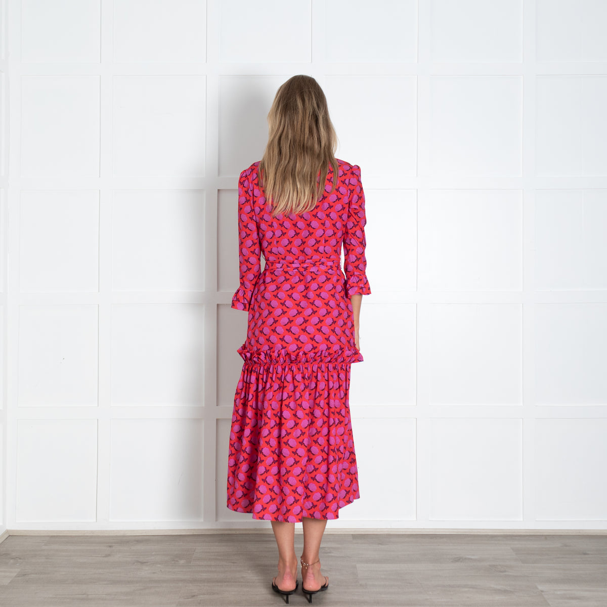 Borgo De Nor Purple Rose With Red Background Frill Front Dress