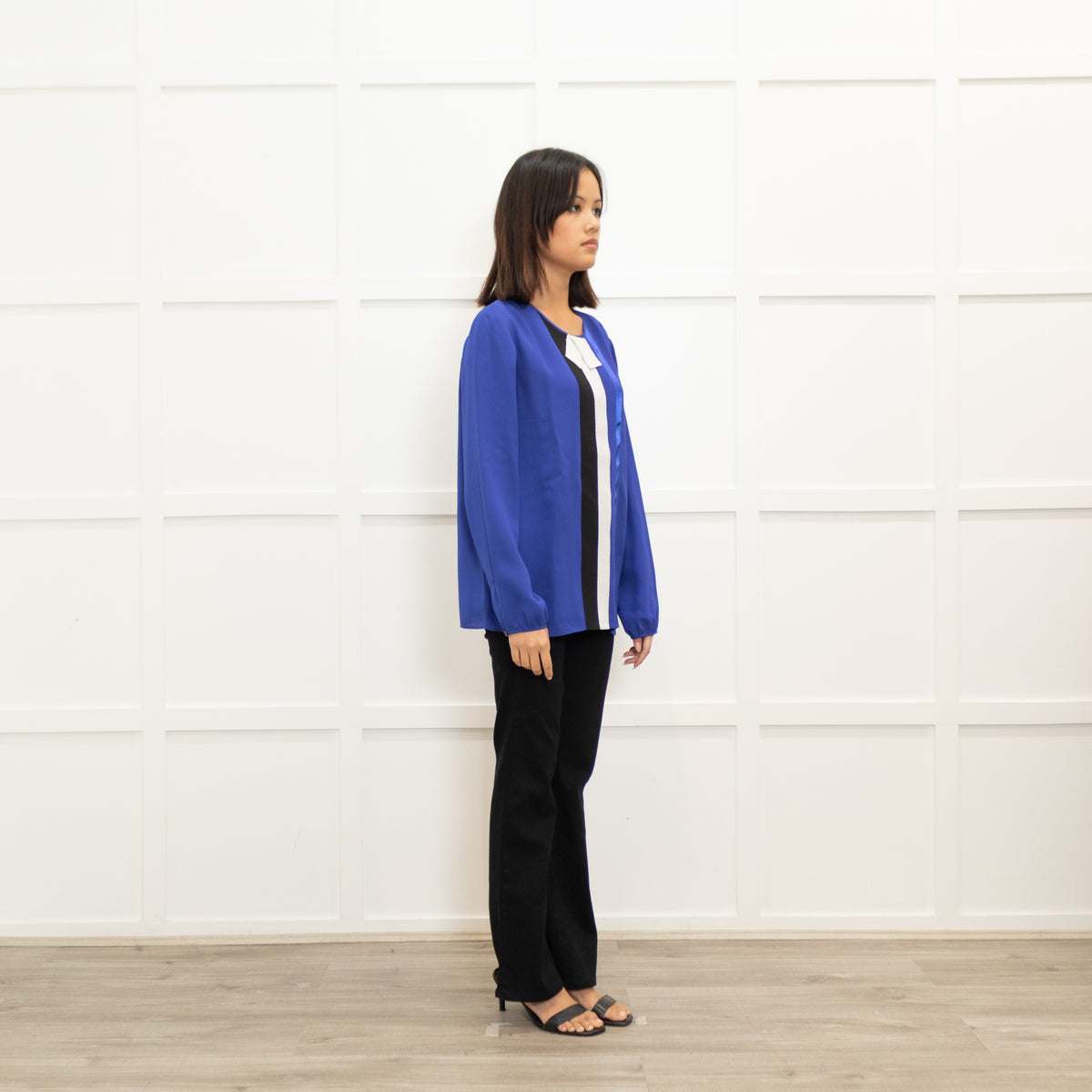 Longchamp Bright Blue Silk Blouse with Grosgrain Bib Stripe