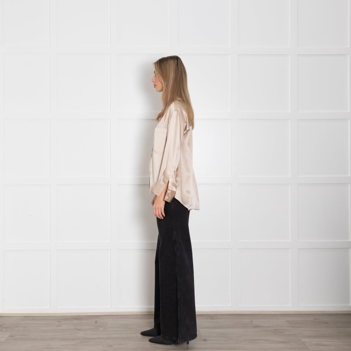 Wyse Gold Silk Satin Pleated Neck Blouse