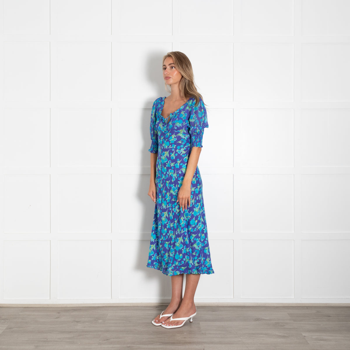 Rixo Purple Green Blue Floral Midi Dress