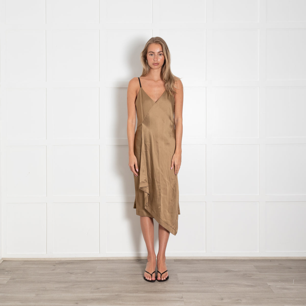 Helmut Lang Bronze Black Strappy Shoulders Silk Satin Dress