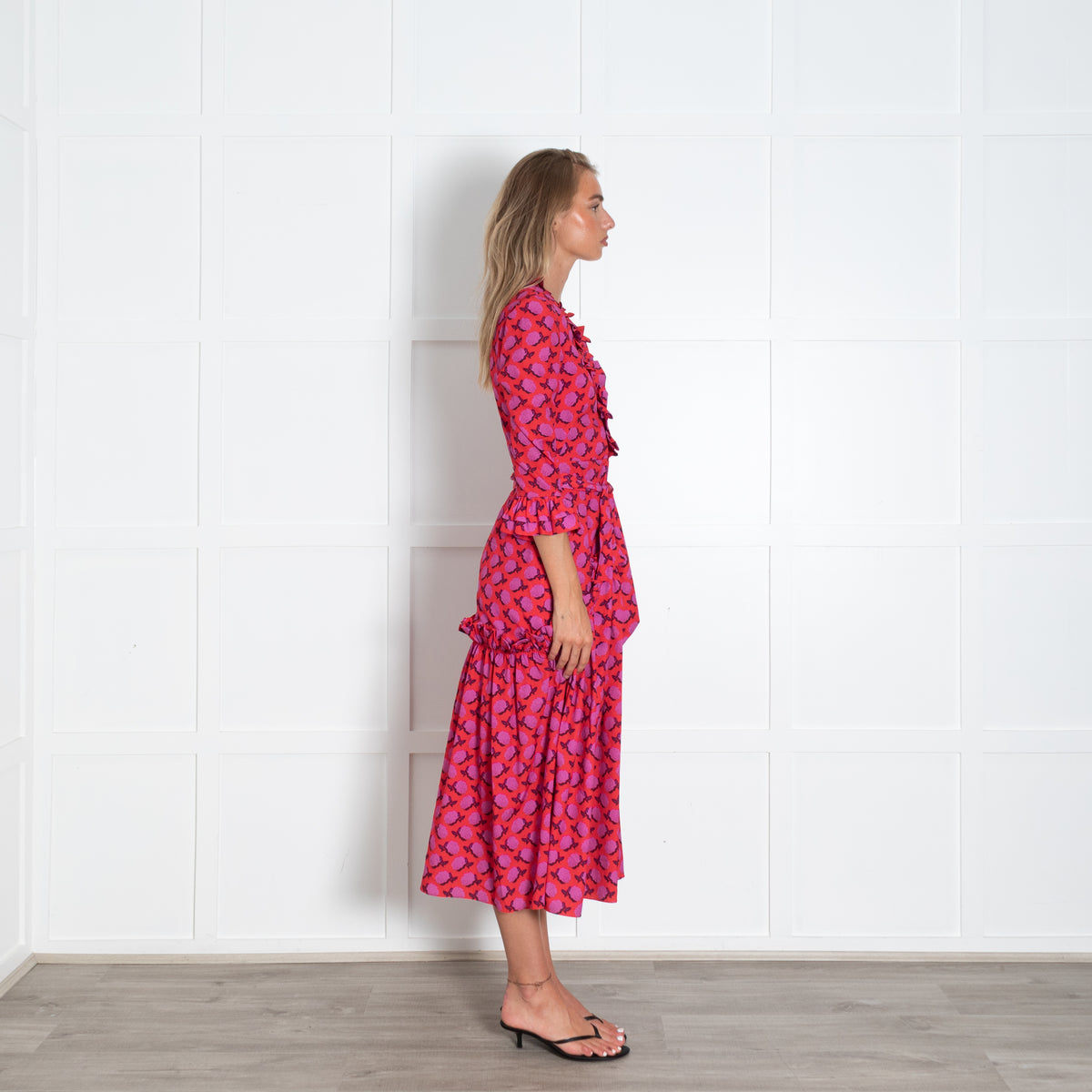 Borgo De Nor Purple Rose With Red Background Frill Front Dress