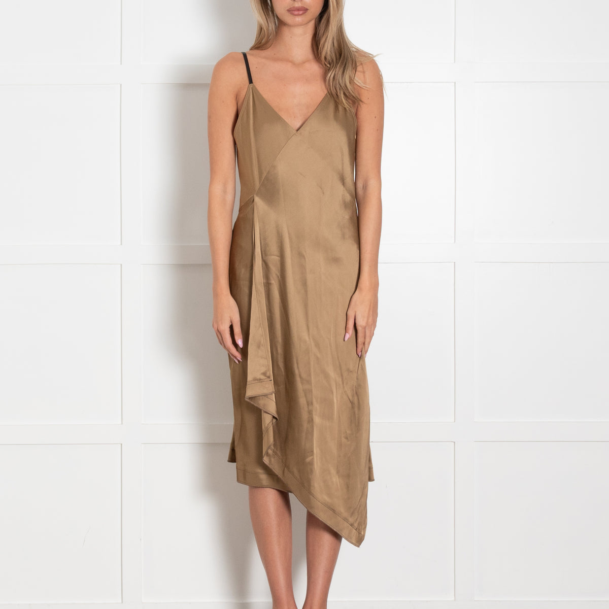 Helmut Lang Bronze Black Strappy Shoulders Silk Satin Dress