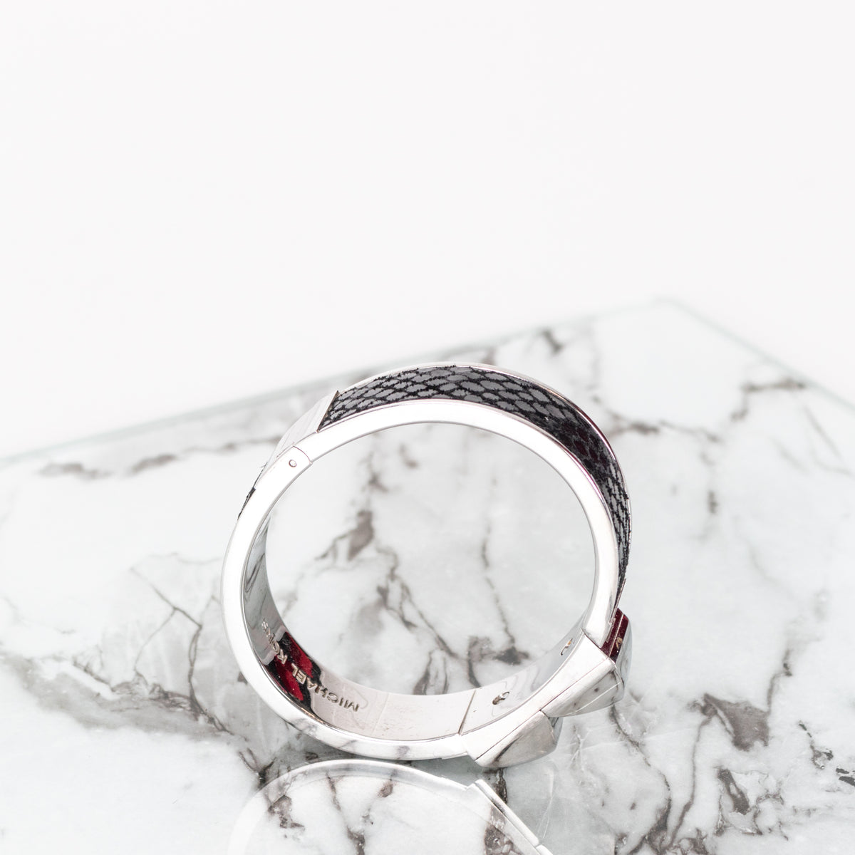 Michael Kors Silver Tone & Black Python Embossed Pyramid Stud Bangle Bracelet