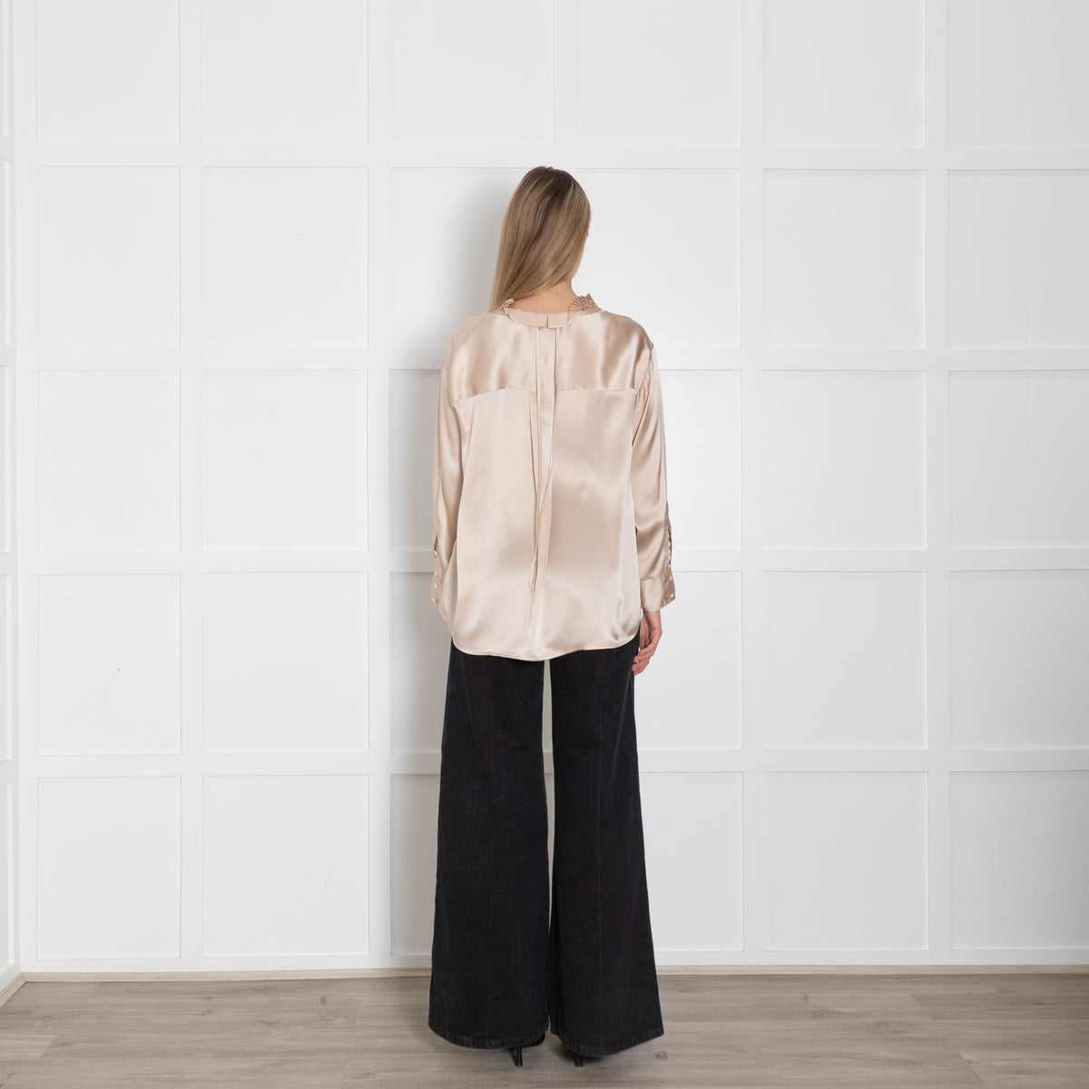 Wyse Gold Silk Satin Pleated Neck Blouse