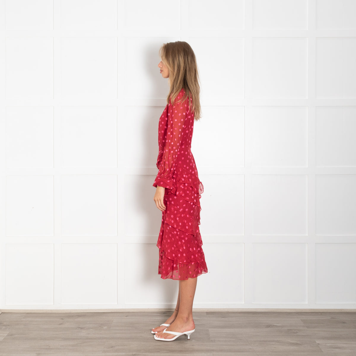 Saloni Red Pink Dot Print Frill High Neck Dress