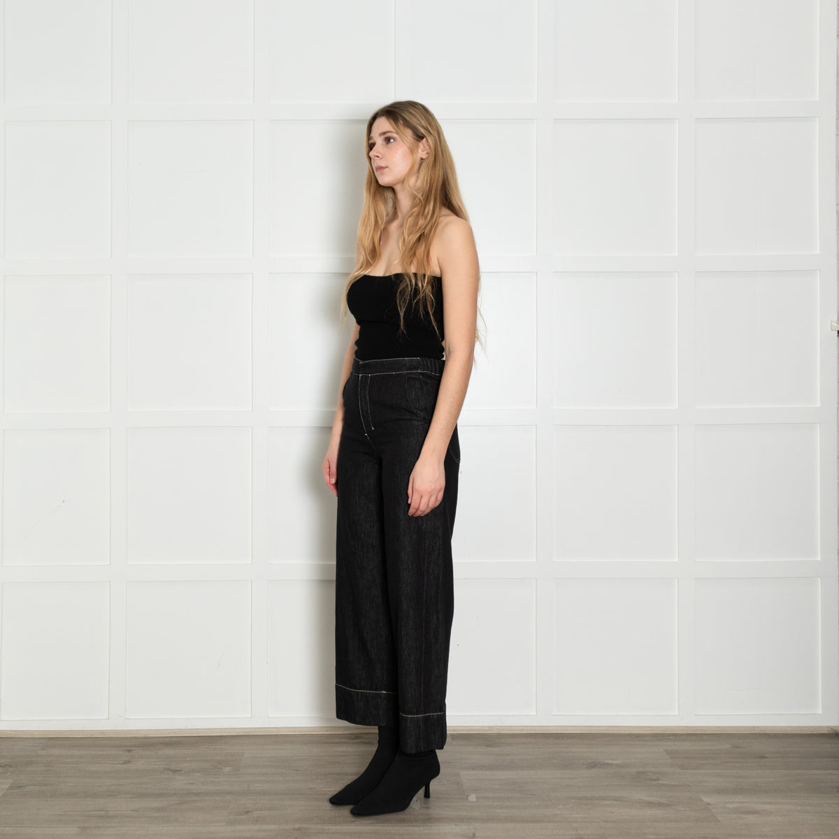 S Max Mara Black White Stitch Wide Denim Trousers
