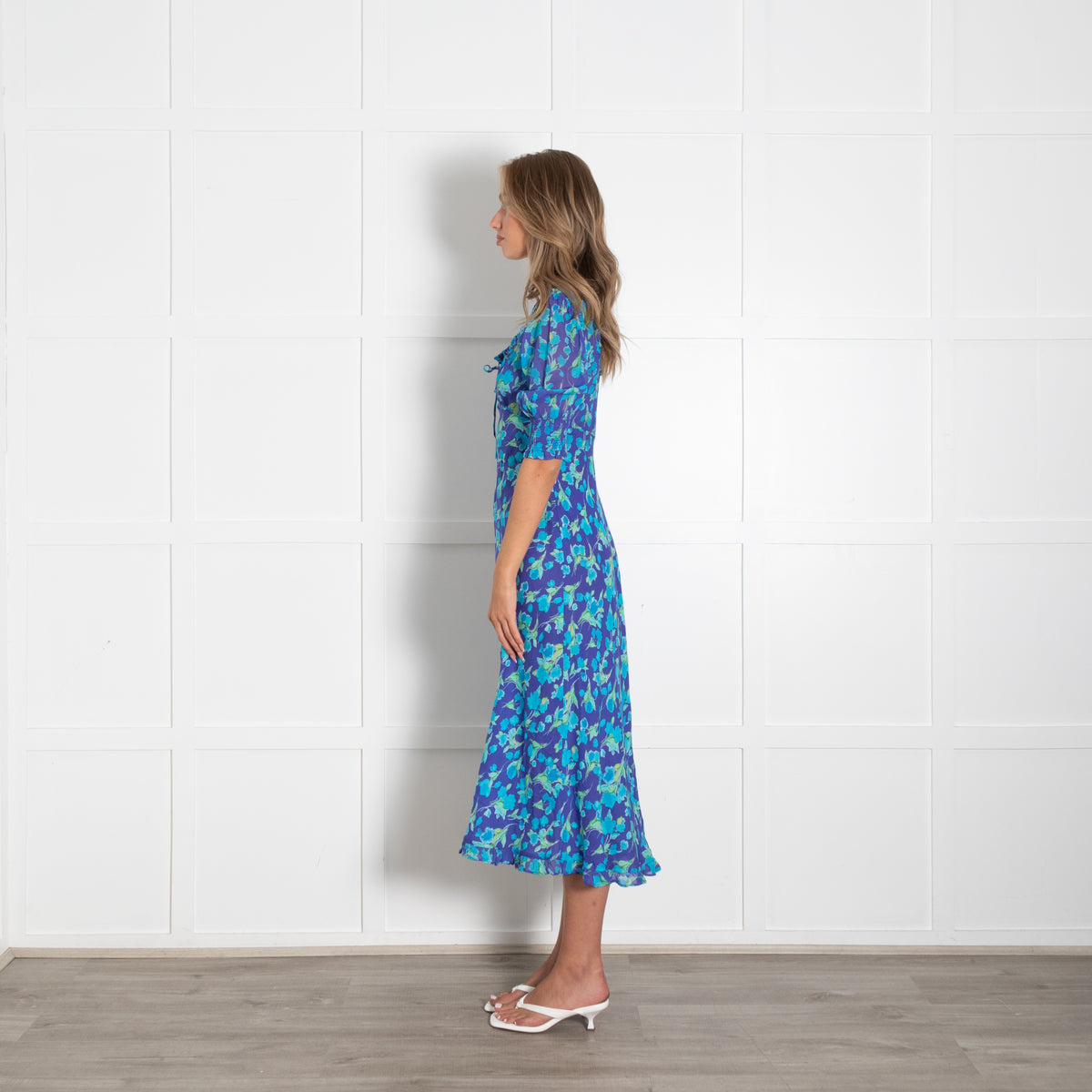 Rixo Purple Green Blue Floral Midi Dress